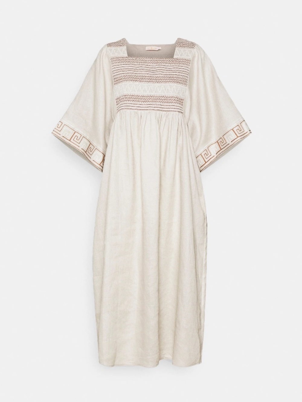 Tory Burch Greek Key Caftan Midi Dress | Beige Linen | Size Small 4 6